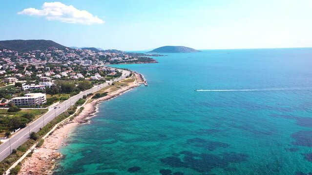 Amazing turquoise water in the Agean coast of Attica Sunio filmed by drone.