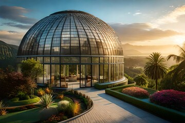 Obraz premium Futuristic Glass Dome Greenhouse at Sunset