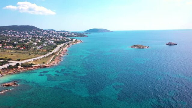 Amazing turquoise water in the Agean coast of Attica Sunio filmed by drone.