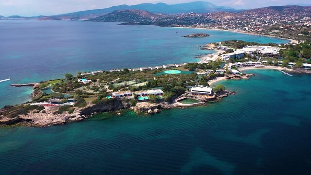 Amazing turquoise water in the Agean coast of Attica Sunio filmed by drone.