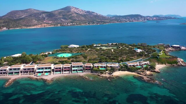Amazing turquoise water in the Agean coast of Attica Sunio filmed by drone.