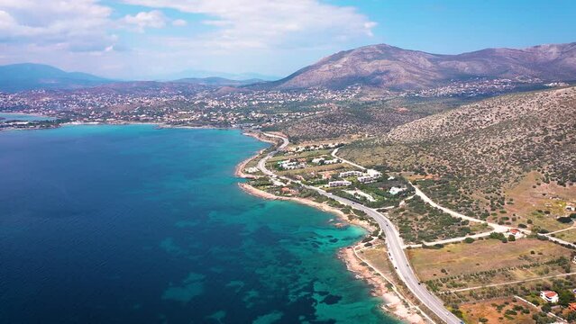 Amazing turquoise water in the Agean coast of Attica Sunio filmed by drone.
