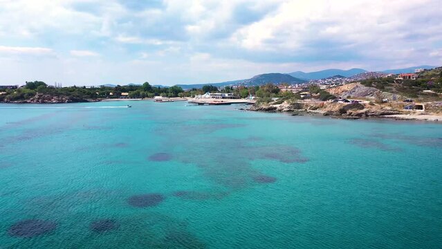 Amazing turquoise water in the Agean coast of Attica Sunio filmed by drone.