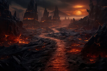 Apocalyptic inferno underworld landscape with road to hell. Life after death religious concept. - obrazy, fototapety, plakaty