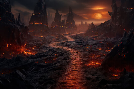 Apocalyptic inferno underworld landscape with road to hell. Life after death religious concept.