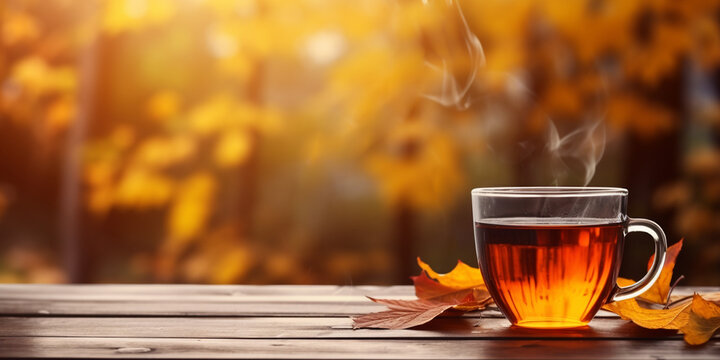 heiße Teetasse im Herbst