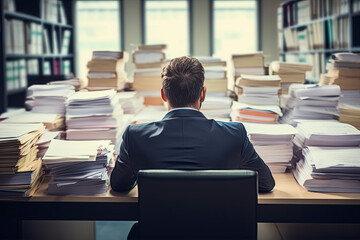 Exhausted man in the office full of folders and work . back view.  - obrazy, fototapety, plakaty