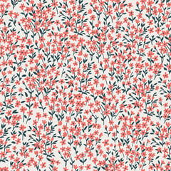Seamless pattern with simple red flowers and dark green leaves on stems. Cute spring floral print with painted small flowers and leaves on a light background.