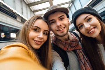 tour, airport and friends with selfie for travel, bonding and vacation