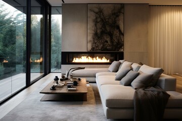 Modern indoor space featuring a sleek gas fireplace in a living area. Generative AI
