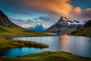Fantastic evening panorama of Bachalp lake / Bachalpsee, Switzerland. Picturesque autumn sunset in Swiss alps, Grindelwald, Bernese Oberland, Europe. Beauty of nature concept