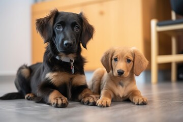 shot of an adorable dog and her puppy sitting on the floor together at a daycare