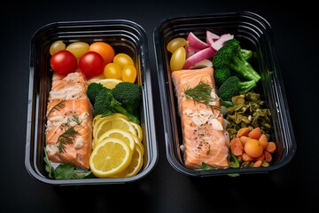 Healthy lunch boxes with fish and vegetable packages for daily meal delivery. Take away containers on black table background. Generative AI