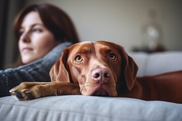 shot of a woman and her dog lying together on a sofa at home
