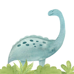 illustration with dinosaurs drawn in watercolor, picture of prehistoric creatures hand drawn © Unig