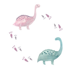 illustration with dinosaurs drawn in watercolor, picture of prehistoric creatures hand drawn