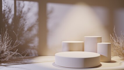 Beige empty podium or pedestal for product presentation on three floors, showcase for product. Round mockup platforms on pastel beige background. 3d rendering