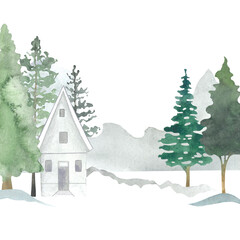 winter landscape, New Year's picture, Christmas picture painted with watercolors by hand, trees, Christmas trees, pines, houses