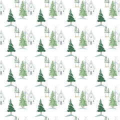 pattern with minimalist houses and trees painted in watercolor in scandinavian style, christmas pictures, new year story