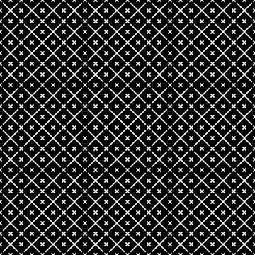 Seamless surface pattern with symmetric geometric ornament. White diagonal stripes abstract on black background. Grill motif. Crossing lines wallpaper. Digital paper for page fill. Vector illustration