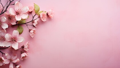 Fototapeta na wymiar pink cherry blossom frame on pink background 