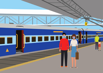 Vector illustration of Railway station and train on platform and passengers wearing mask. Public transportation concept. railway station, indian railway station, railway station vector, train station,