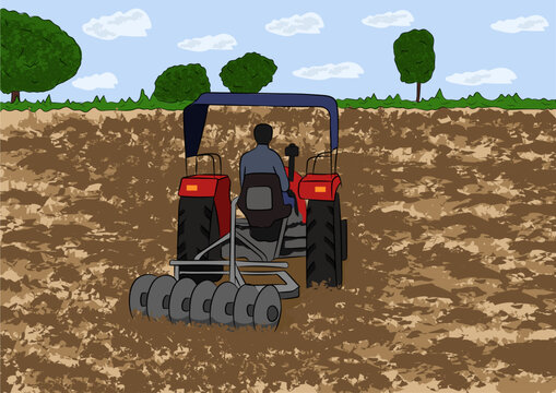 Back view of man ploughing in farm with tractor vector. tractor, tractor in farm,farm implements.
