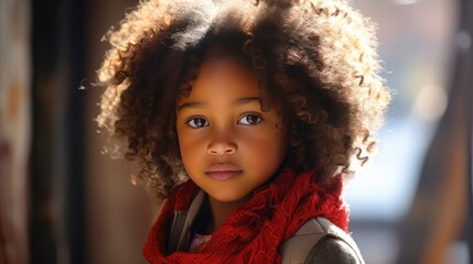 Beautiful african american girl with curly hair and red scarf