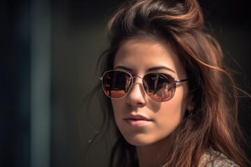 headshot of a beautiful young woman wearing trendy sunglasses