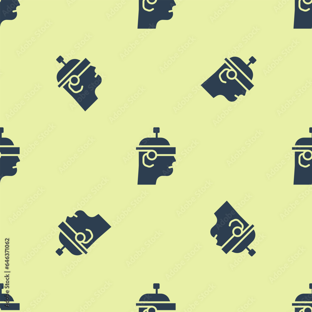 Poster blue smart glasses mounted on spectacles icon isolated seamless pattern on yellow background. wearab