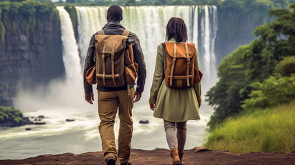 Man and woman with their travel backpacks looking back at waterfall in beautiful exotic nature. Couple of hikers admiring at a beautiful landscape with waterfall in rainforest. Generative Ai - obrazy, fototapety, plakaty
