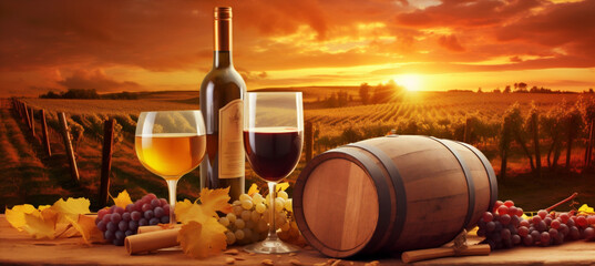 Fototapeta premium wine beverage drink sunset alcohol barrel grape glass winery bottle. Generative AI.