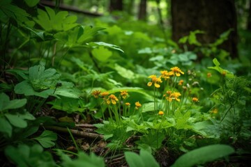 Obraz premium closeup of fresh wildflowers growing in a lush green forest