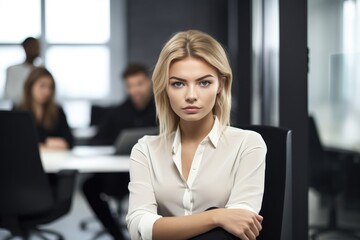 shot of a young woman sitting in a modern office with her colleagues in the background