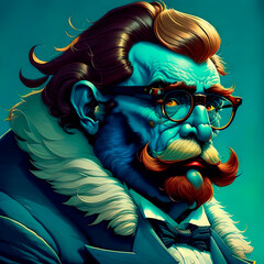 Strange comic character created by AI generative. Disturbing looking older man with glasses, beard and mustache.