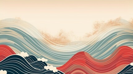 Mountain layout design in oriental style, Japanese background with line wave pattern vector. Abstract template with geometric pattern.  - obrazy, fototapety, plakaty