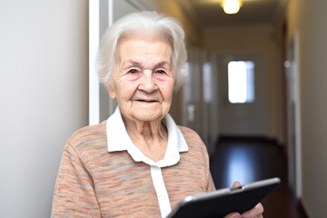 a senior woman holding a digital tablet with text visible on screen
