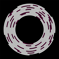 Concentric segments of circles. Lines following a circle path. Design element. Abstract geometric pink and white shapes isolated on black background. Vector illustration.