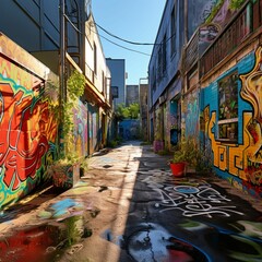 An alleyway with vibrant street art, 