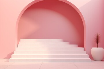 Illustration of a modern geometric arch and stairs in a trendy minimal interior with gradient pastel colors and abstract composition. Generative AI
