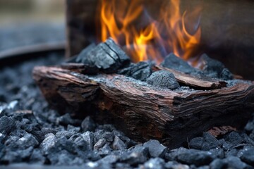 close-up of charred wood and ashes in fire pit