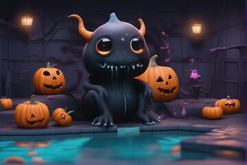 A cute Mascot Cartoon in Pool with Pumpkins around, Halloween Theme Design.
