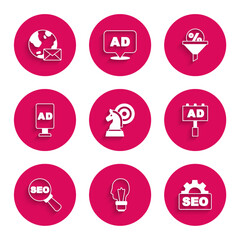 Set Chess, Light bulb with concept of idea, SEO optimization, Advertising, Lead management and Earth globe mail icon. Vector