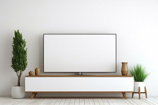 Big screen TV mounted on wall. White room with wooden decor, table adorned with plants and books. Rendered image. Generative AI