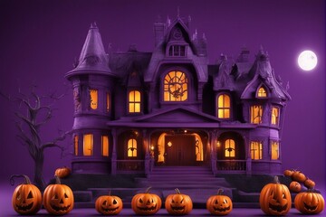 Halloween Day Theme, A horror old house in background in Jungle and a Big Pumpkin at front of house.