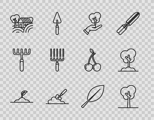 Set line Sprout, Tree, in hand of environmental protection, Garden trowel spade or shovel the ground, Farm House concept, rake work, Leaf and icon. Vector