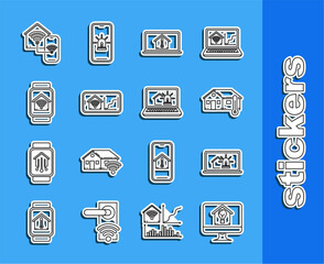 Set line Computer monitor with smart house and light bulb, Laptop alarm, House temperature, Mobile phone home wi-fi, Smart watch, and icon. Vector