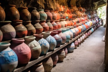Fototapeta premium ceramic pots lined up inside a traditional kiln