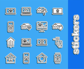 Set line Smart watch with house temperature, House under protection, and light bulb, home wi-fi, Mobile phone smart, Laptop and Computer monitor icon. Vector