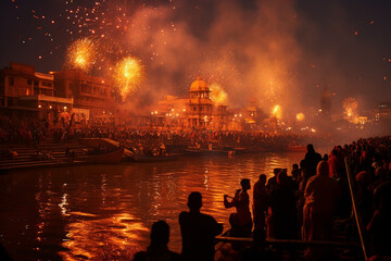 Fototapeta na wymiar Fireworks Over The River, Indians Celebrating New Year, New Year Celebration, New Year's Eve, New Year's Day